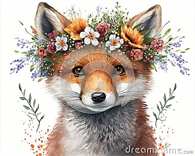 Springtime adorable baby fox wearing a flower crown. Cute children's book illustration of cuddly animal in spring. Cartoon Illustration