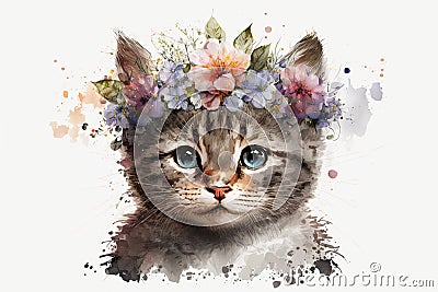 Springtime adorable baby kitten wearing a flower crown. Cute children's illustration of cuddly cat in spring. Easter Cartoon Illustration