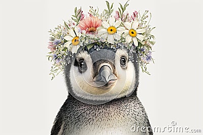 Springtime adorable baby penguin wearing a flower crown. Cute children's illustration of cuddly animal in spring. Easter Cartoon Illustration