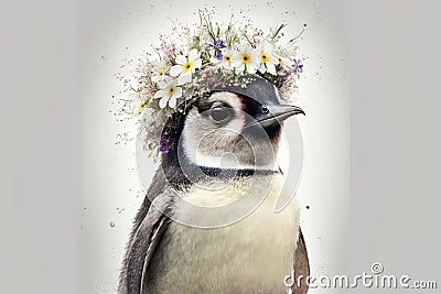 Springtime adorable baby penguin wearing a flower crown. Cute children's illustration of cuddly animal in spring. Easter Cartoon Illustration