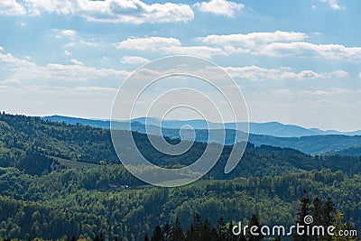 Springtime Beskid Slaski, Slezske Beskydy and Moravskoslezske Beskydy mountains in Poland and Czech republic Stock Photo