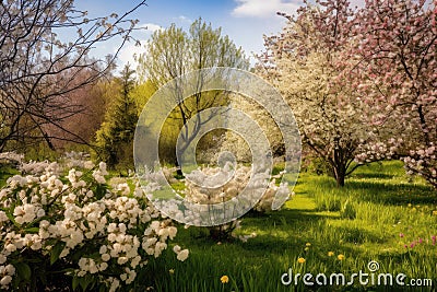 springtime, with blooming flowers and budding trees Stock Photo