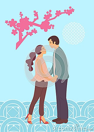 Springtime, Blooming Sakura and Cartoon Characters Vector Illustration