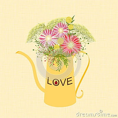 Springtime Colorful Flower in Watering Can Vector Illustration