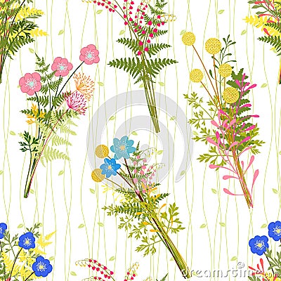 Springtime Colorful Flower with Wild Grass Background Vector Illustration