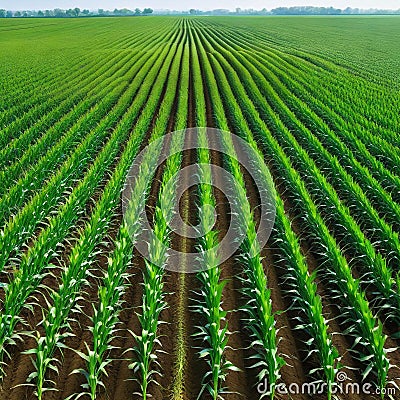 Springtime corn field with Agricultural landscape with soil based corn Cartoon Illustration