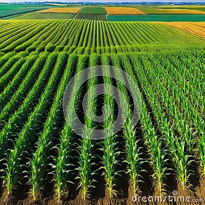 Springtime corn field with Agricultural landscape with soil based corn Cartoon Illustration