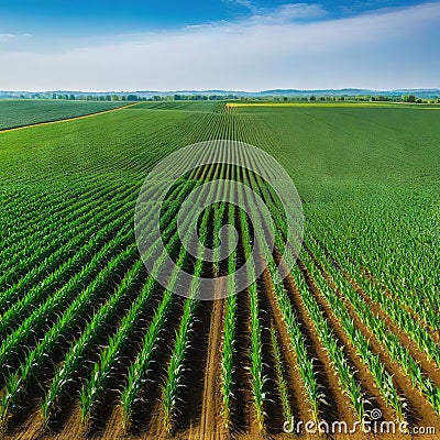 Springtime corn field with Agricultural landscape with soil based corn Cartoon Illustration