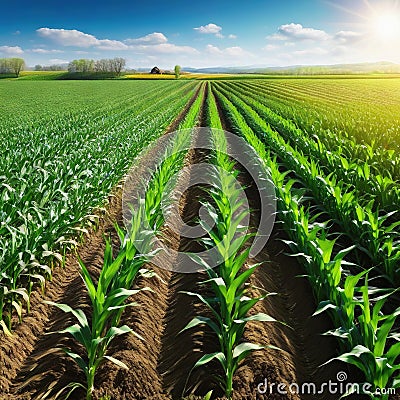 Springtime corn field with Agricultural landscape with soil based corn Cartoon Illustration