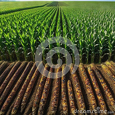 Springtime corn field with Agricultural landscape with soil based corn Cartoon Illustration