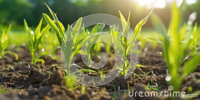 Springtime corn field with fresh, green sprouts in soft focus. generative ai AIG32 Stock Photo