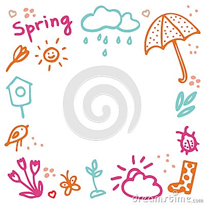 Springtime doodles frame. Vector design elements set with inscription Spring, birdhouse, flower, butterfly, bug, rainy Vector Illustration