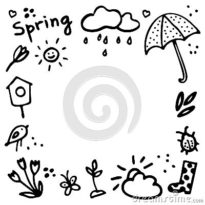 Springtime doodles frame. Vector design elements set with inscription Spring, birdhouse, flower, butterfly, bug, rainy Vector Illustration