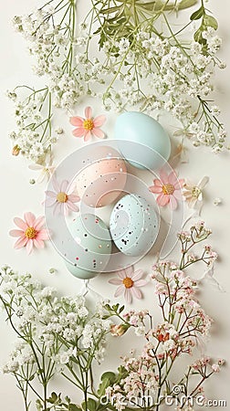 Springtime Easter Flat Lay with Eggs and Watercolor Florals Stock Photo