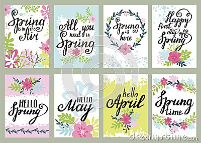 Springtime floral greeting card vector set with spring quotes Vector Illustration