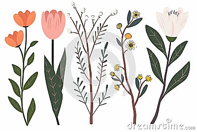 Springtime Florals: Delicate floral clip art depicting blooming flowers, budding branches, Easter season Stock Photo