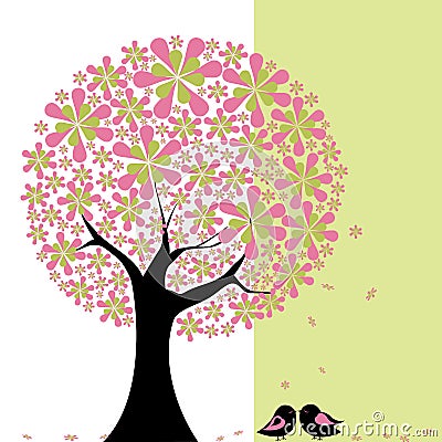 Springtime flower tree with lovebirds Vector Illustration