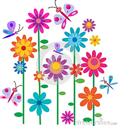 Springtime flowers and butterflies Vector Illustration