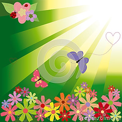 Springtime flowers & butterflies on green light Vector Illustration