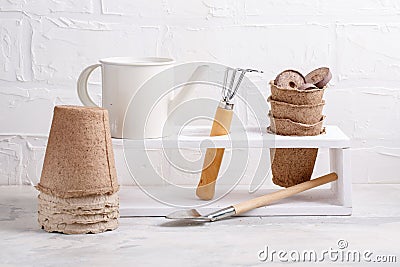 Springtime. Gardening concept. Garden equipment, peat tablets and peat pots Stock Photo