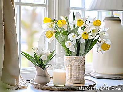 Springtime home decor, spring interior decorations with flowers and burning candles, bright white apartment in daylight Stock Photo