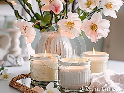 Springtime home decor, spring interior decorations with flowers and burning candles, bright white apartment in daylight Stock Photo