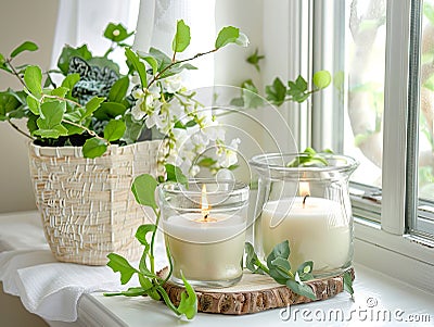 Springtime home decor, spring interior decorations with flowers and burning candles, bright white apartment in daylight Stock Photo