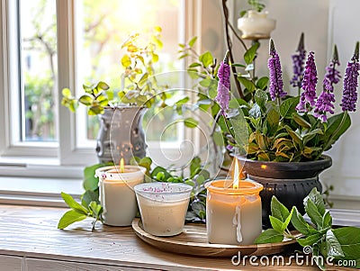 Springtime home decor, spring interior decorations with flowers and burning candles, bright white apartment in daylight Stock Photo