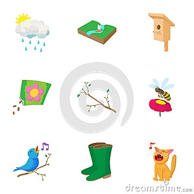 Springtime icons set, cartoon style Vector Illustration