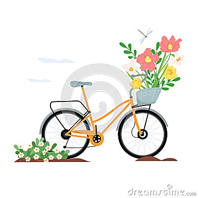 Springtime illustration bicycle with early spring flowers. Floral design elements for mother's day. Vector Cartoon Illustration