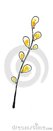 Springtime outlined hand drawn simpe childlike doodles willow branch. Stock Photo