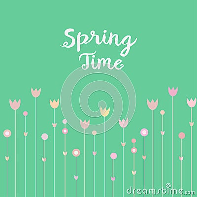 Springtime pink flowers on mint green background. Simple and cure card design, illustration Cartoon Illustration