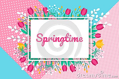 Springtime vector background with flat minimal flowers. Vector Illustration