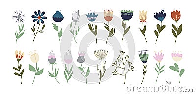 Springtime vector hand drawn flowers in retro vintage colors. Floral set of decorative elements for design and decor Vector Illustration