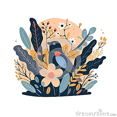 Springtime vector illustration of flowers, birds and plants, minimalist styled florals, spring seasonal background Vector Illustration