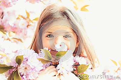 Springtime. weather forecast. Little girl in sunny spring. face and skincare. allergy to flowers. Summer girl fashion Stock Photo