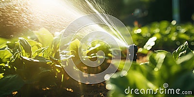 sprinkler spraying water on a lettuce crop, AI generated Stock Photo