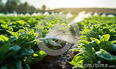 Sprinkler Spraying Water on Lush, Vibrant Plant Leaves Stock Photo