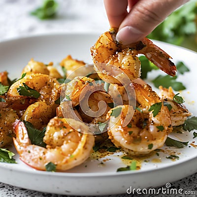 Fried Shrimp with finely chopped parsley Stock Photo