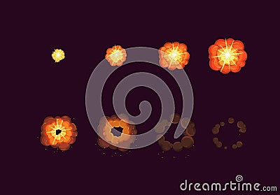 Sprite sheet for cartoon fire explosion, mobile, flash game effect animation. 8 frames on dark background. Vector Illustration