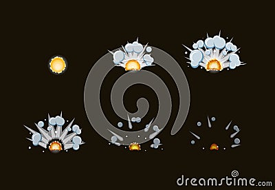 Sprite sheet for cartoon fog fire explosion, mobile, flash game effect animation. 8 frames on dark background. Vector Illustration