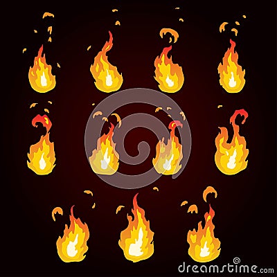 Sprite sheet of fire, torch. Animation for game or cartoon. Vector Illustration