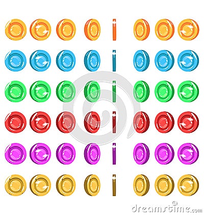 Sprites Of A Spinning Coin, 6 Colors. Coin Animation Asset Vector Illustration