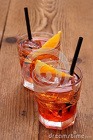 Spritz aperitif, two orange cocktail and ice cubes Stock Photo