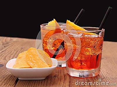 Spritz aperitif - two orange cocktail with ice cubes Stock Photo