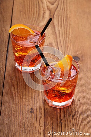 Spritz aperitif, two orange cocktail with ice cubes Stock Photo