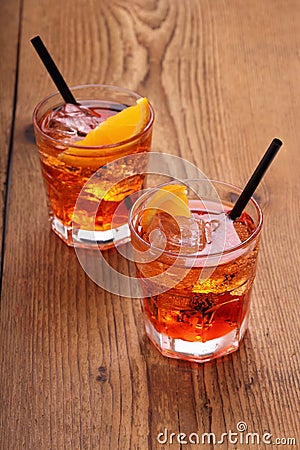 Spritz aperitif, two orange cocktail with ice cubes Stock Photo