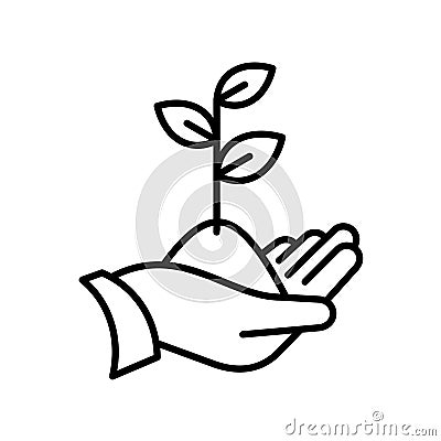 Sprout in a hand thin line icon. Human hand holding seedling plant with leaves. Vector Illustration