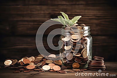 Sprout from a jar with coins, concept of fruitful work or investment. Neural network AI generated Stock Photo