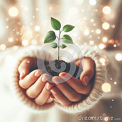 Sprout in palms, a handful of soil in which a sprout or seedling grows, Generative AI Stock Photo